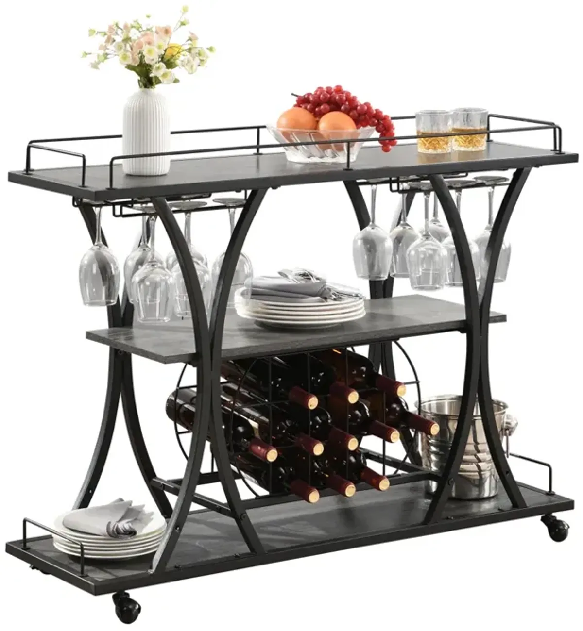 Industrial Bar Cart Kitchen Bar Serving Cart For Home With Wheels 3 - Tier Storage Shelves