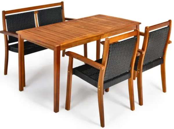 Hivvago 4 Pieces Acacia Wood Patio Rattan Dining Furniture Set