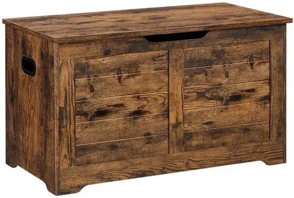 32 Inch Vintage Storage Trunk Chest Bench, 2 Safety Hinges, Brown Wood - Benzara