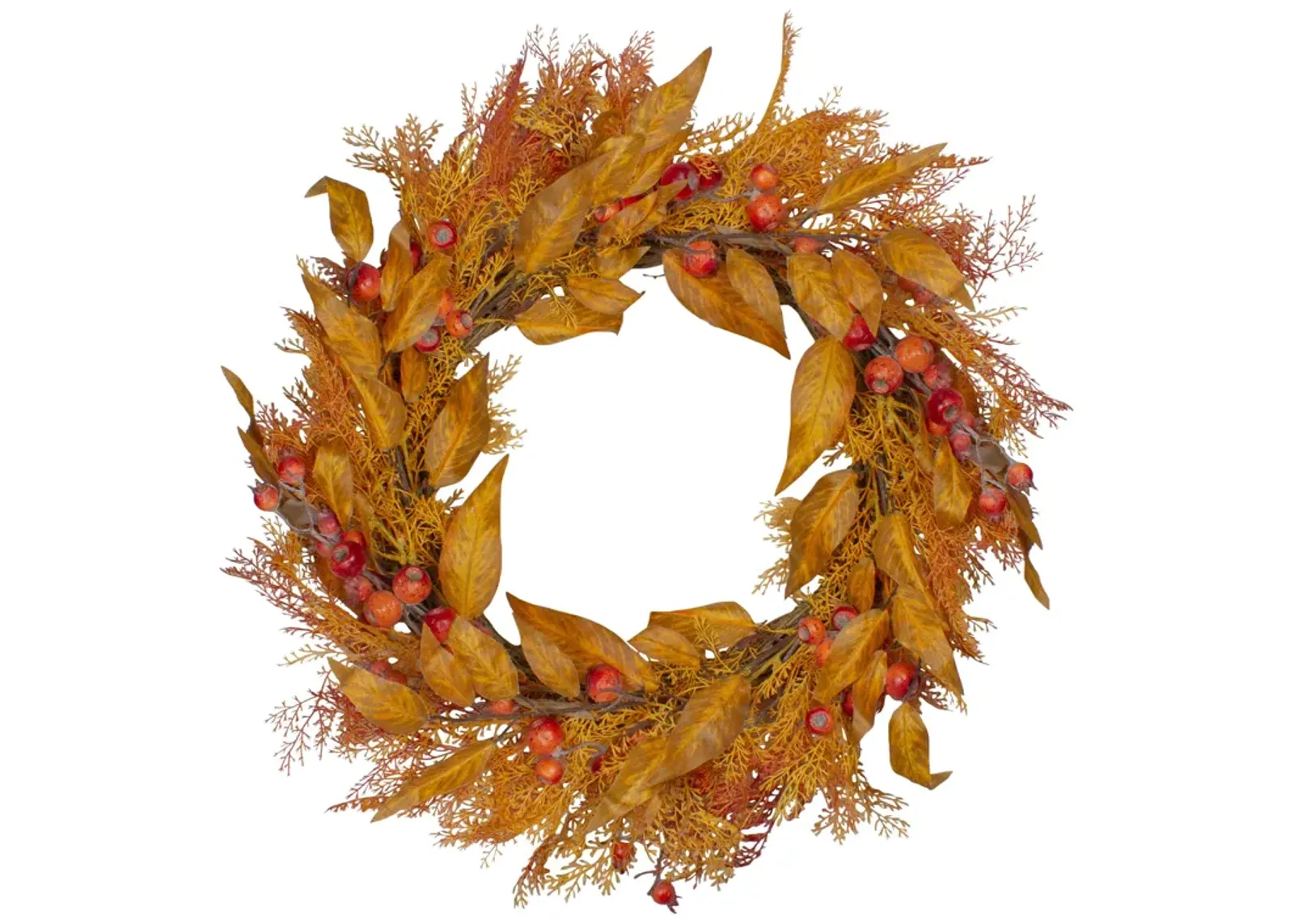 Yellow and Orange Berry and Leaves Fall Harvest Artificial Wreath - 24-Inch  Unlit