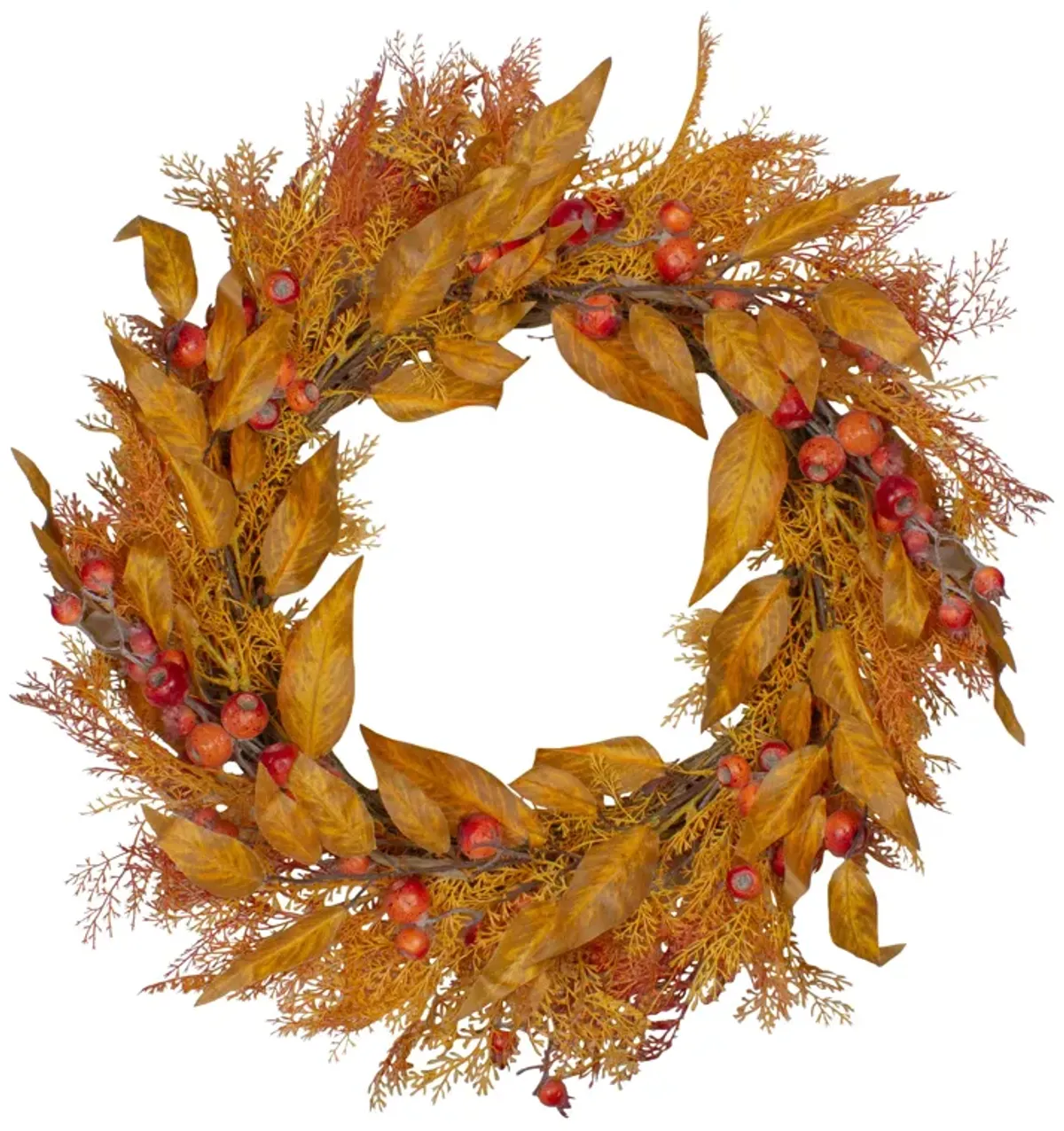 Yellow and Orange Berry and Leaves Fall Harvest Artificial Wreath - 24-Inch  Unlit