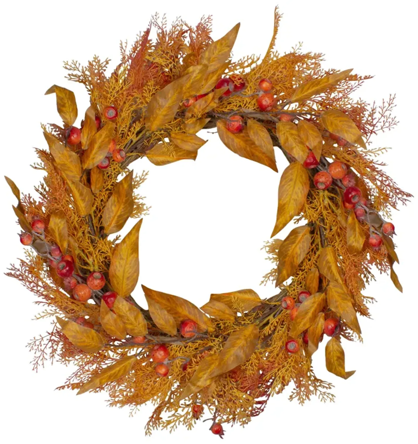 Yellow and Orange Berry and Leaves Fall Harvest Artificial Wreath - 24-Inch  Unlit