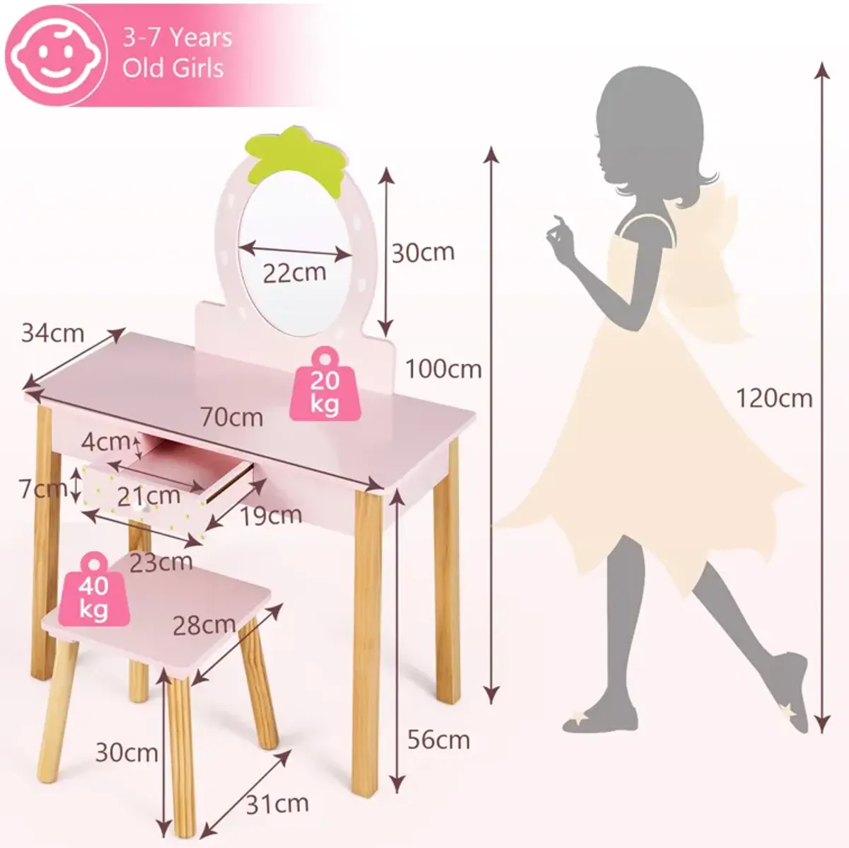 2-in-1 Children Vanity Table Stool Set with Mirror-Pink