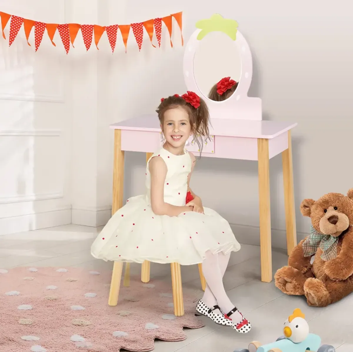 2-in-1 Children Vanity Table Stool Set with Mirror-Pink
