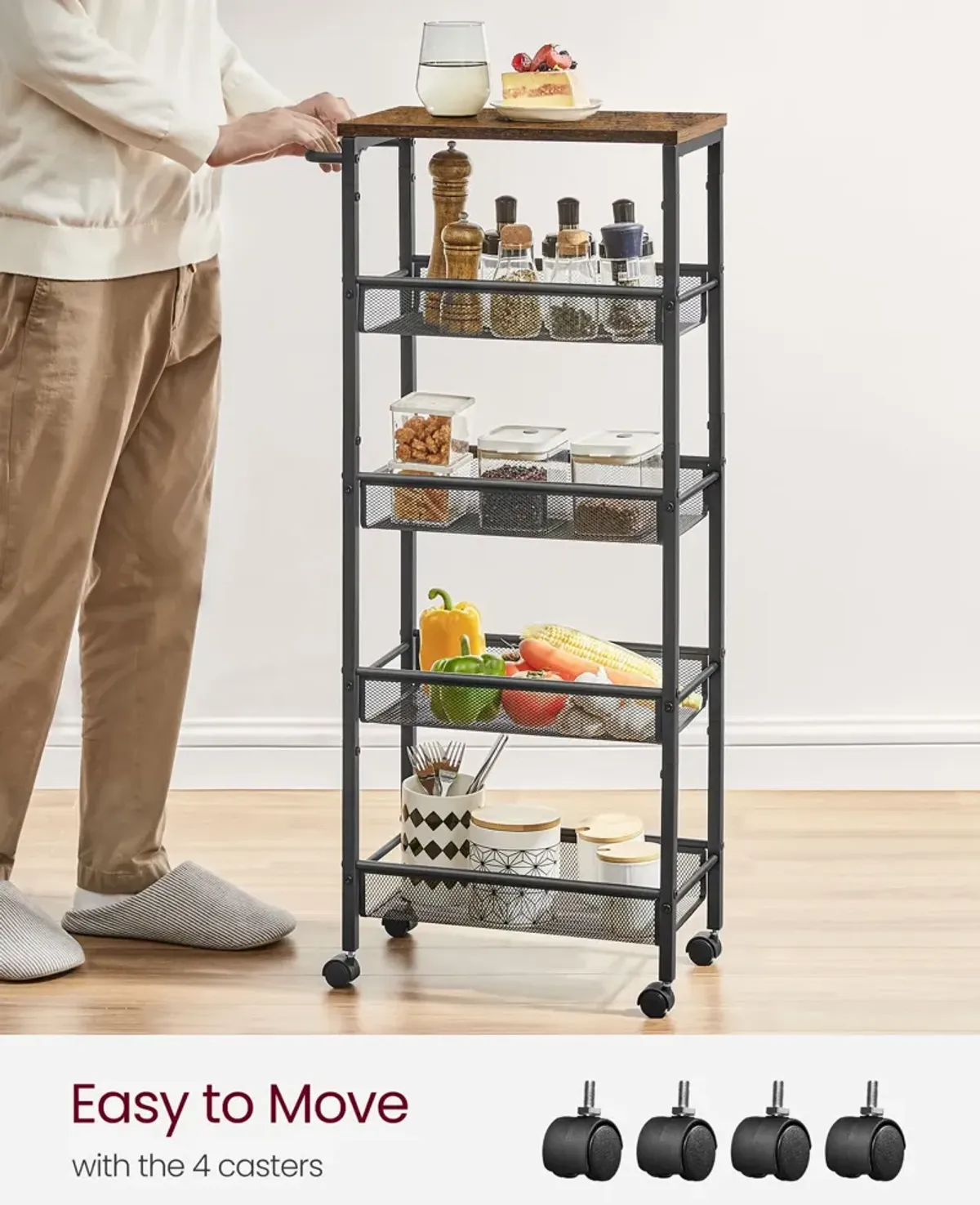 Versatile 5-Tier Rolling Cart with Handle - Metal Frame Organizer for Kitchen, Dining Room, Living Room, and Office