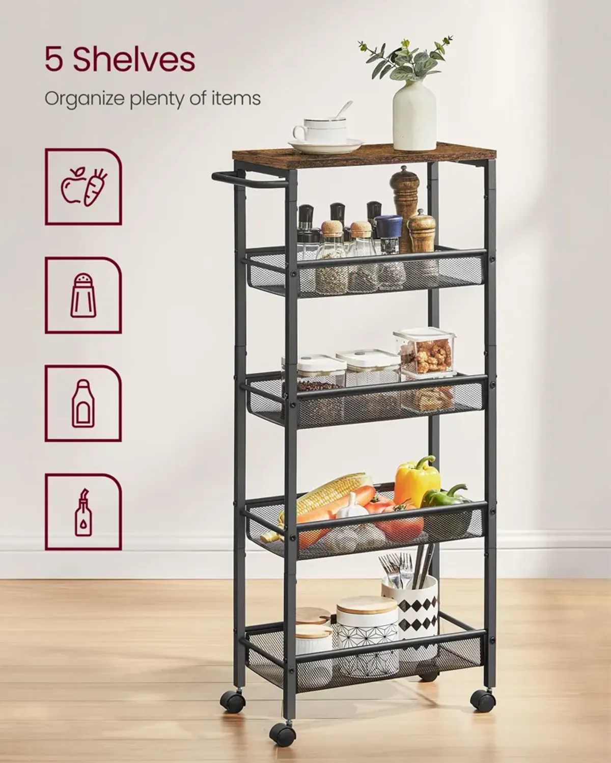 Versatile 5-Tier Rolling Cart with Handle - Metal Frame Organizer for Kitchen, Dining Room, Living Room, and Office