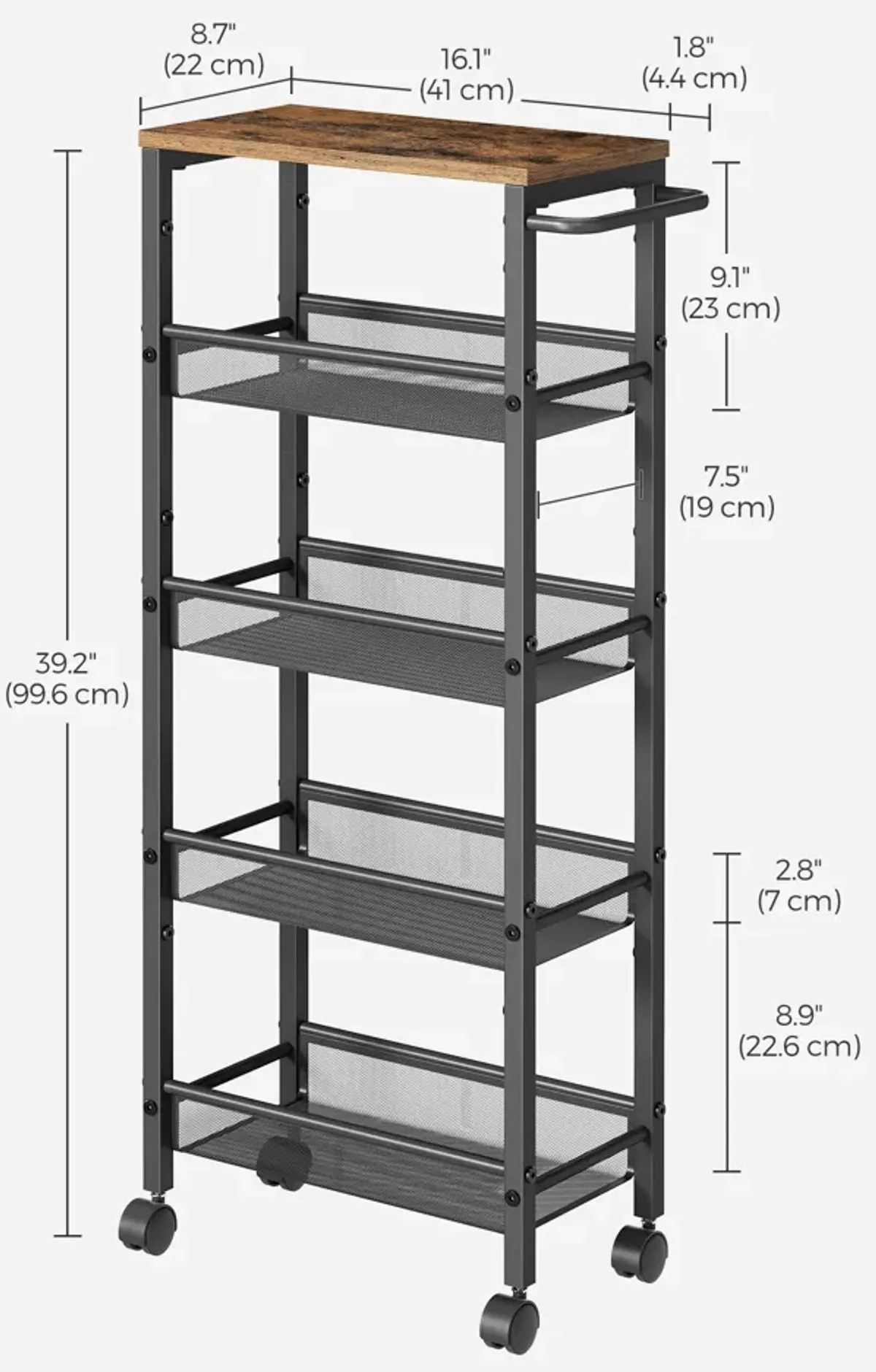 Versatile 5-Tier Rolling Cart with Handle - Metal Frame Organizer for Kitchen, Dining Room, Living Room, and Office