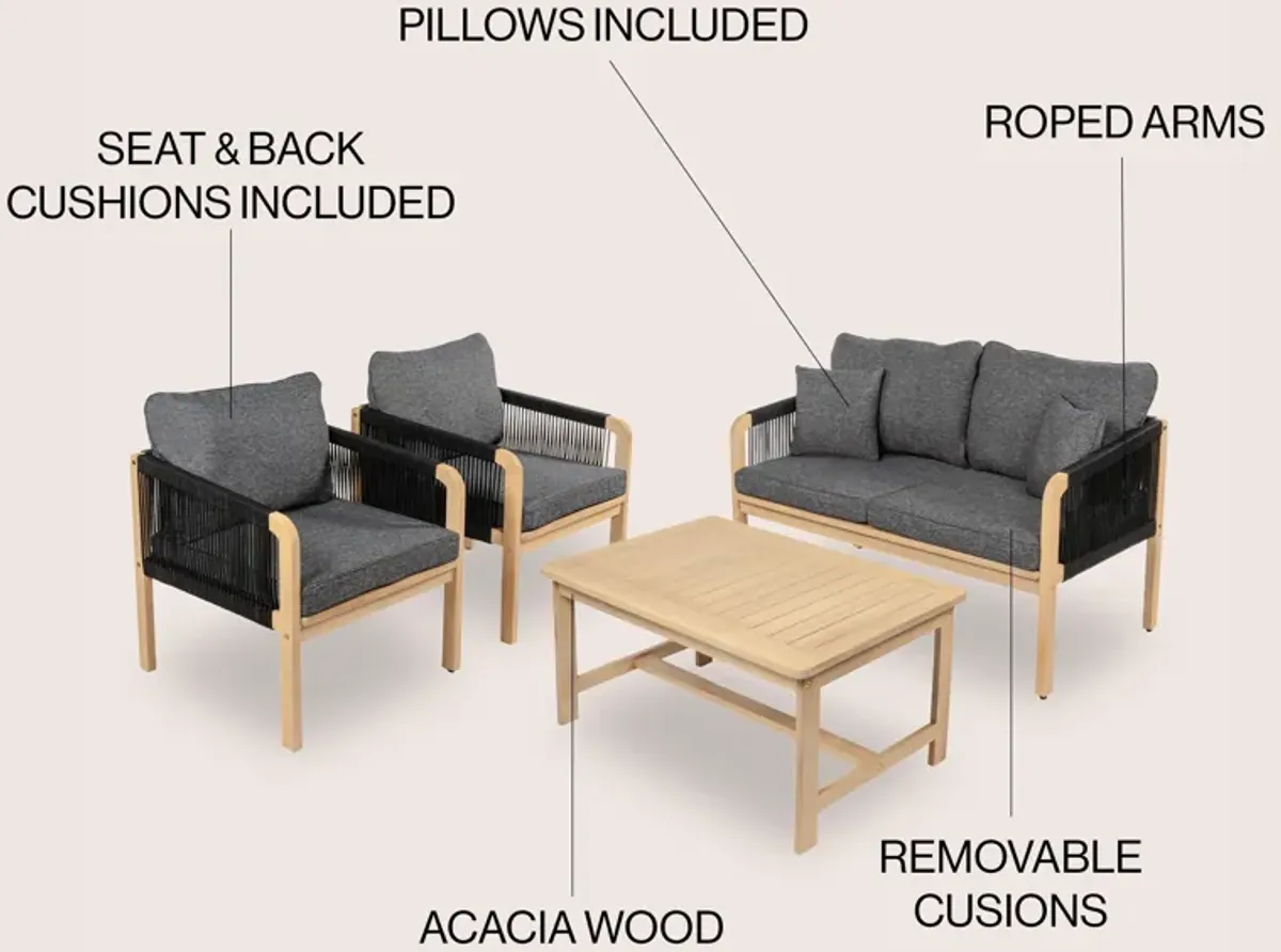 Tavira 4-Piece Modern Bohemian Acacia Wood Outdoor Patio Set with Cushions and Plain Decorative Pillows