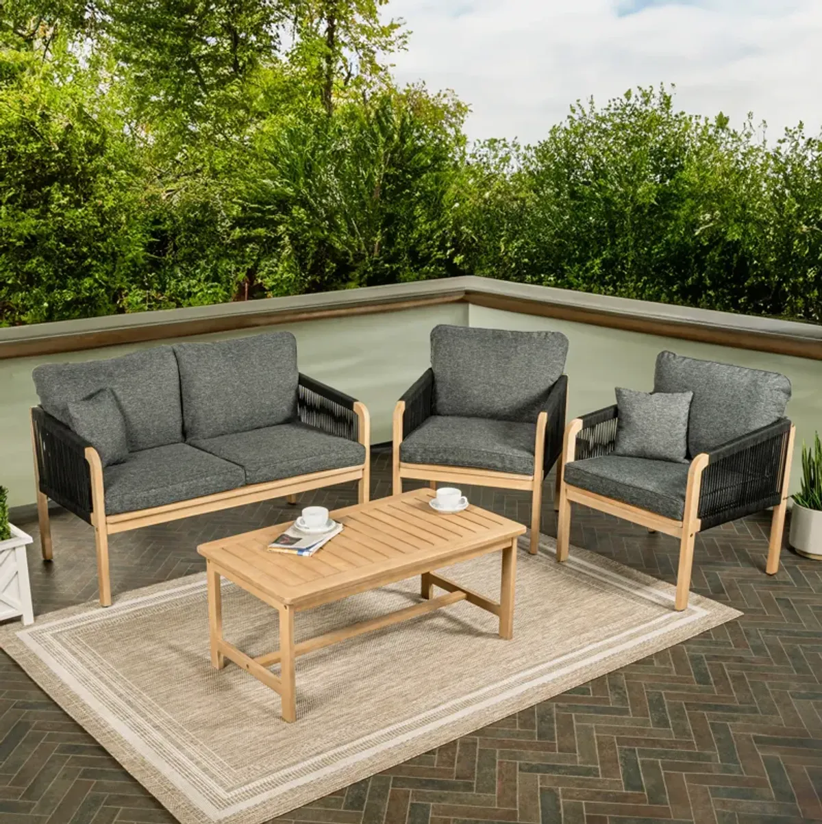 Tavira 4-Piece Modern Bohemian Acacia Wood Outdoor Patio Set with Cushions and Plain Decorative Pillows