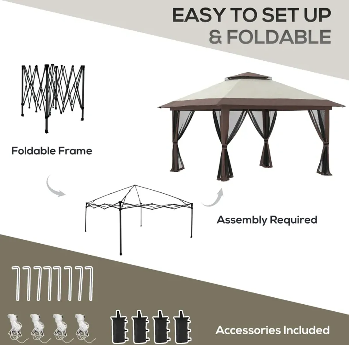 Beige Outdoor Shelter: 13x13ft Netted Pop Up Gazebo Canopy Tent