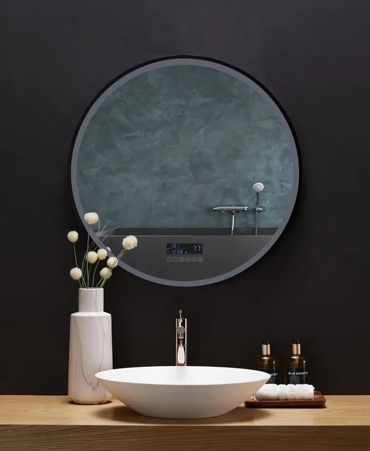 CIRQUE 30 in. Round LED Black Framed Mirror with Bluetooth, Defogger, and Digital Display