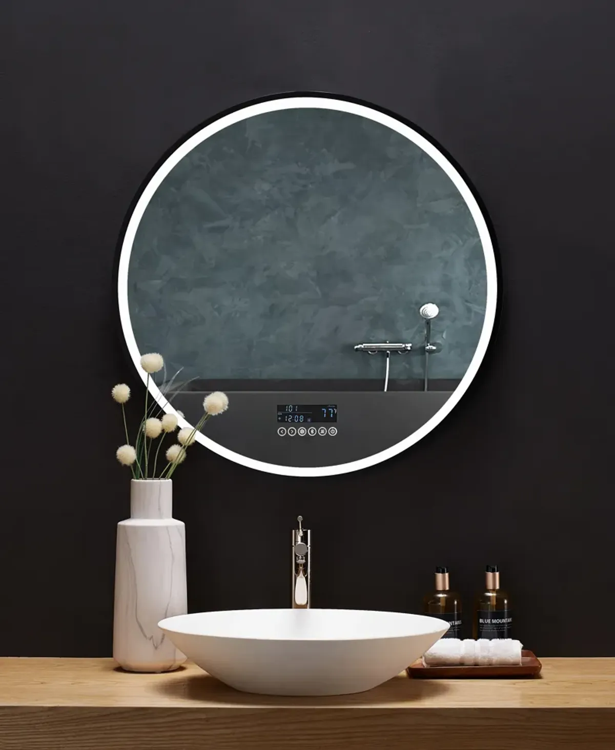 CIRQUE 30 in. Round LED Black Framed Mirror with Bluetooth, Defogger, and Digital Display