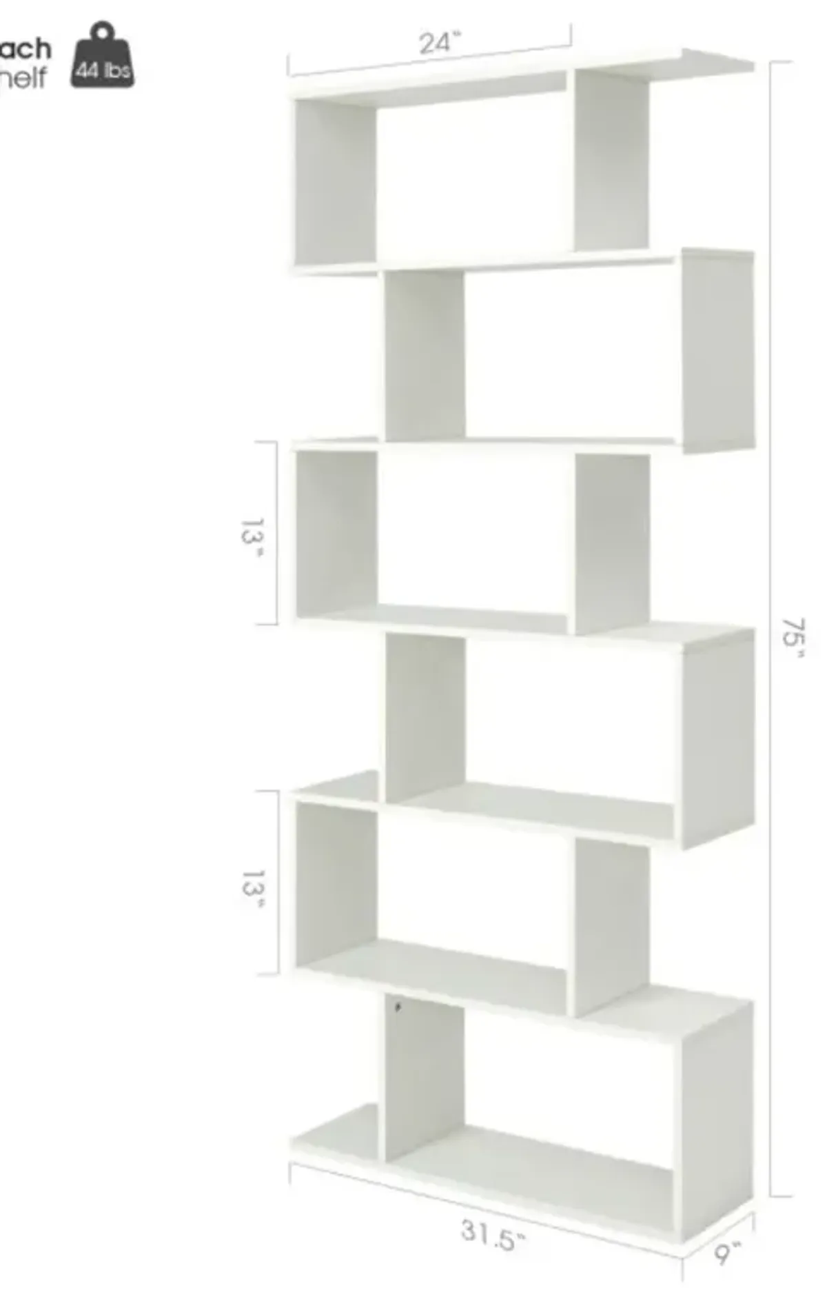 Hivvago 6 Tier S-Shaped Bookshelf Storage Display Bookcase Decor Z-Shelf