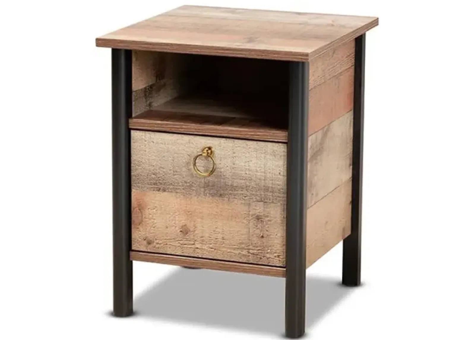 Two-Tone Rustic Oak Brown and Black Finished Wood Nightstand