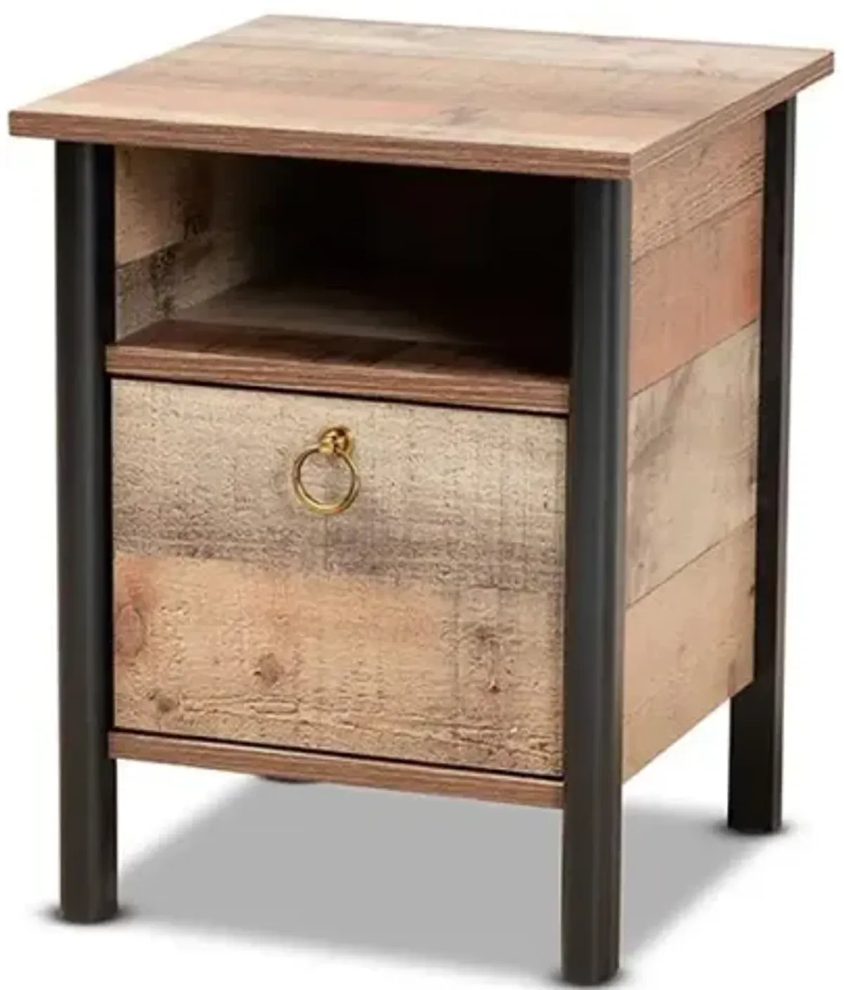 Two-Tone Rustic Oak Brown and Black Finished Wood Nightstand