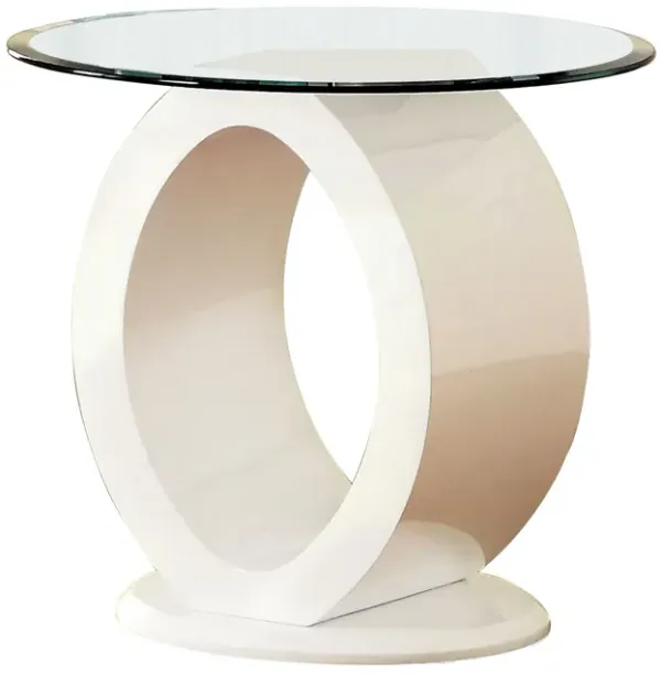 Contemporary Tempered Glass Top End Table with O Shape Base, White-Benzara