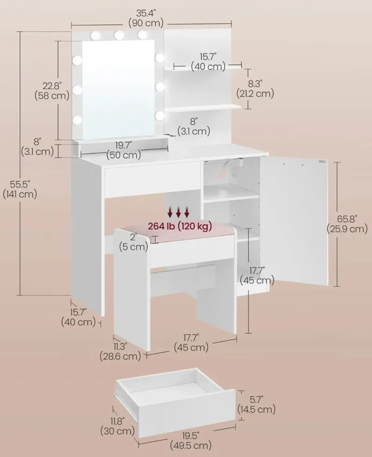 Vanity Desk with Mirror and Lights