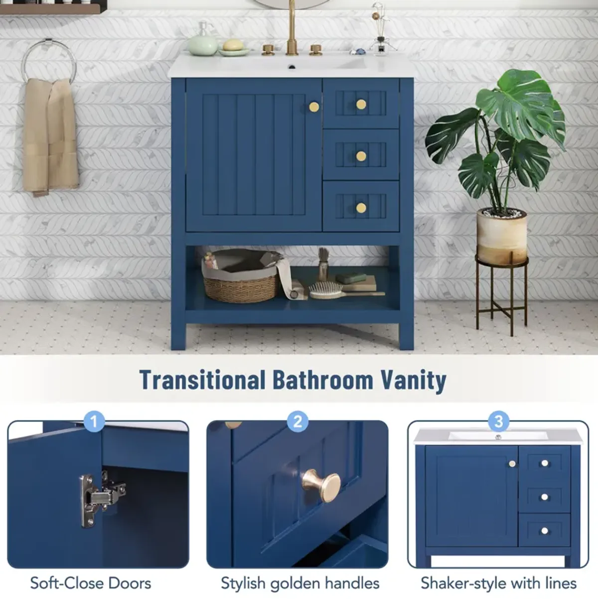 Gewnee 30inch Style Bathroom Vanity Cabinet Combo with Ceramic Sink, Blue