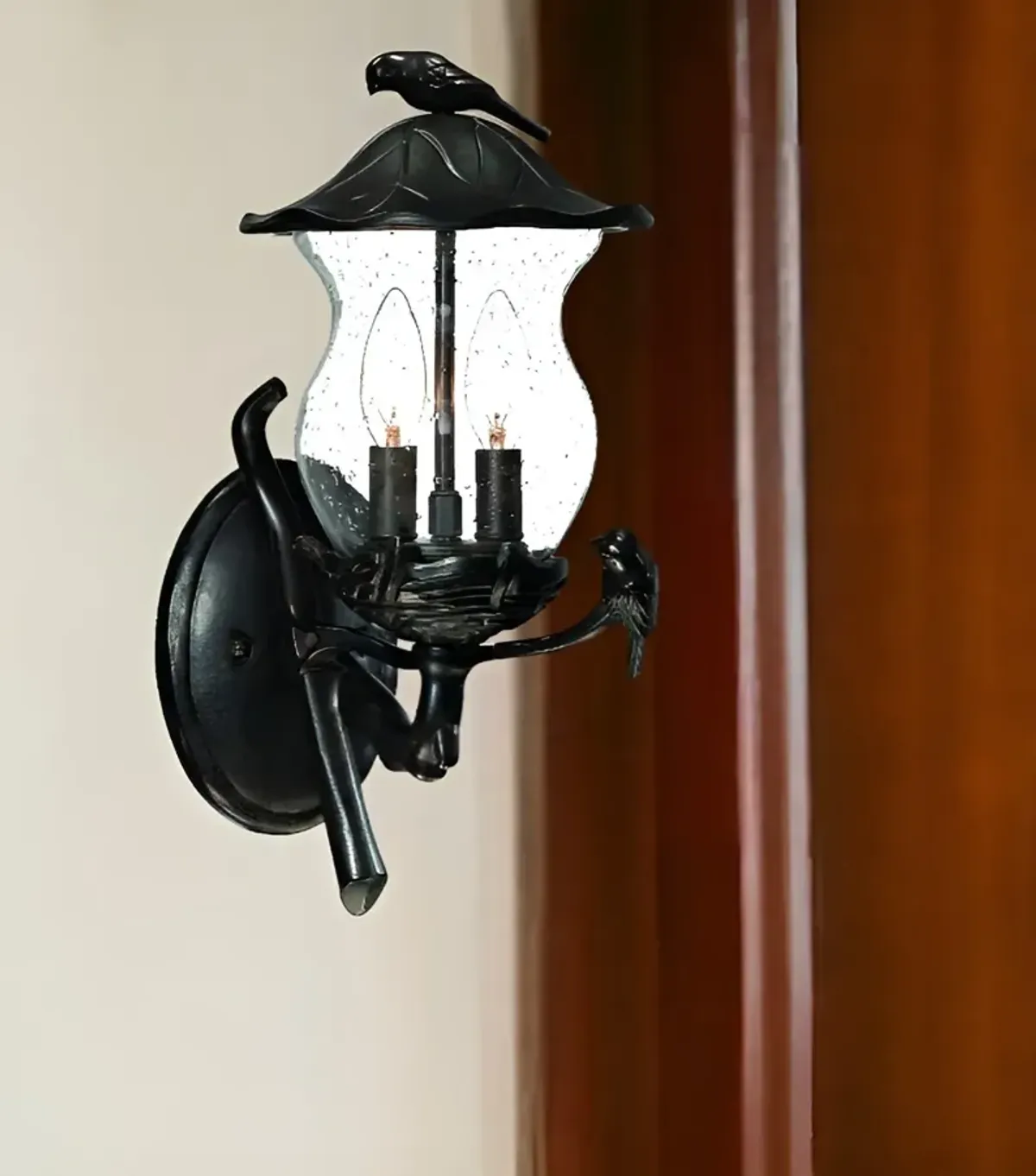 Hivvago Matte Black Bird Detail Lantern Wall Light