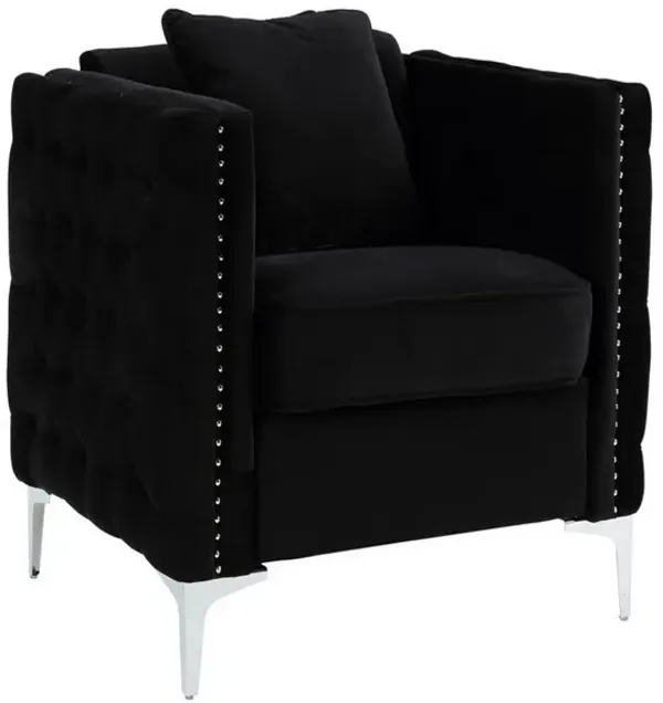 Zion 34 Inch Accent Chair with Throw Pillow, Handmade Tufted, Black Velvet