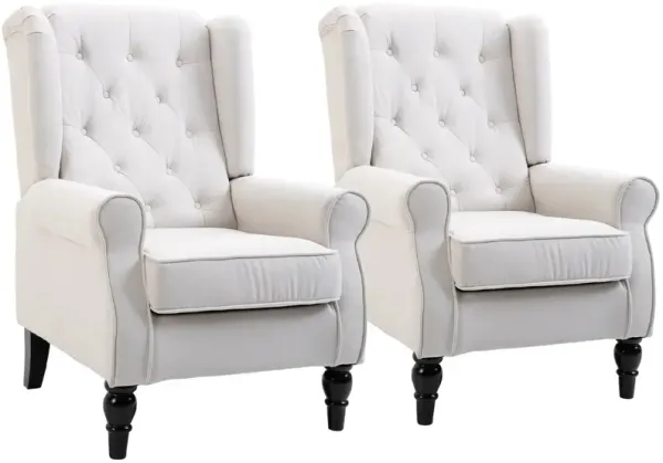 Cream White Elegant Pair: Set of 2 Tufted Wingback Accent Chairs