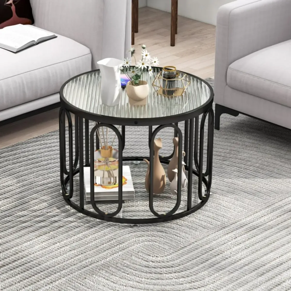 Hivvago 24 Inch Round Coffee Table with Reeded Tempered Glass Top and Oval Swivel Brackets