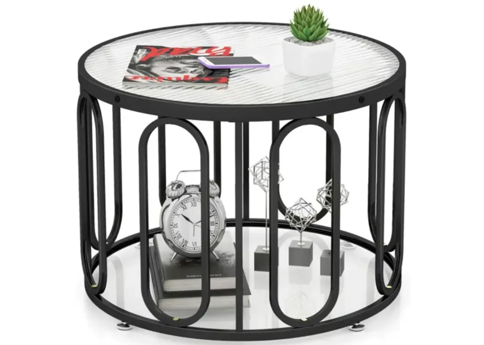 Hivvago 24 Inch Round Coffee Table with Reeded Tempered Glass Top and Oval Swivel Brackets