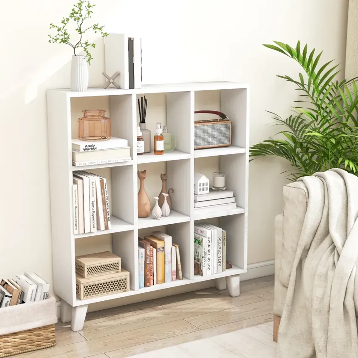 9-Cube Bookcase with 6 Removable Shelves and Raised Support Feet