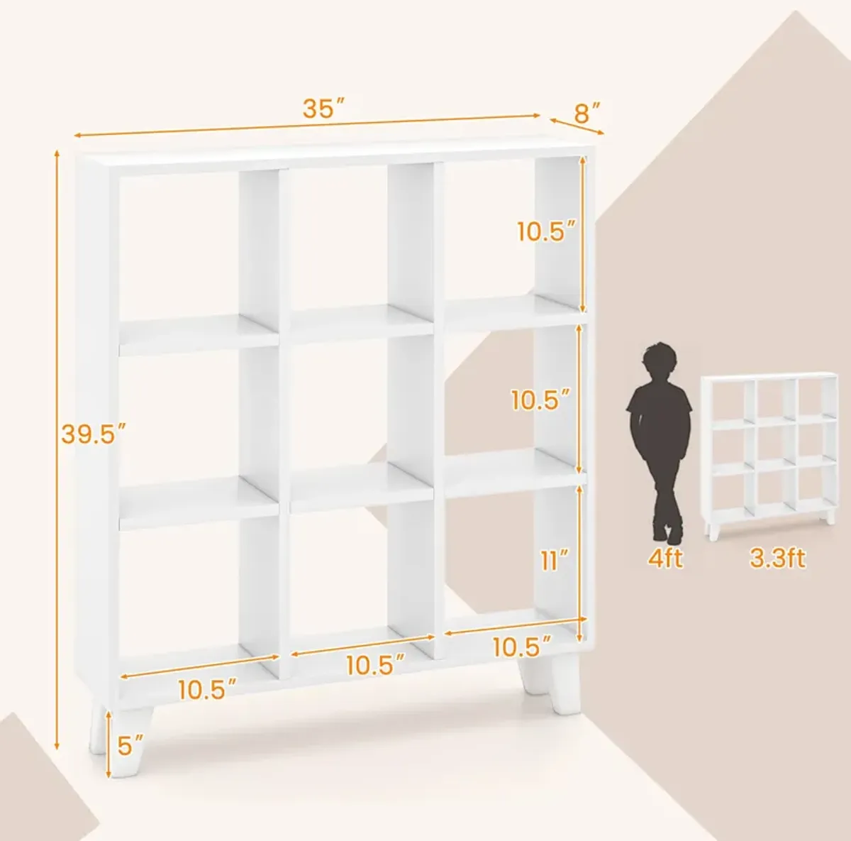 9-Cube Bookcase with 6 Removable Shelves and Raised Support Feet