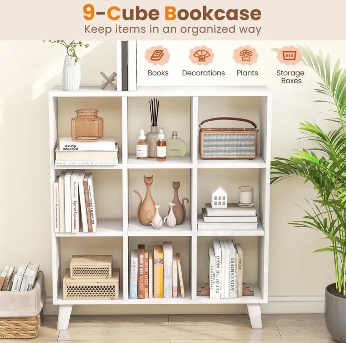 9-Cube Bookcase with 6 Removable Shelves and Raised Support Feet