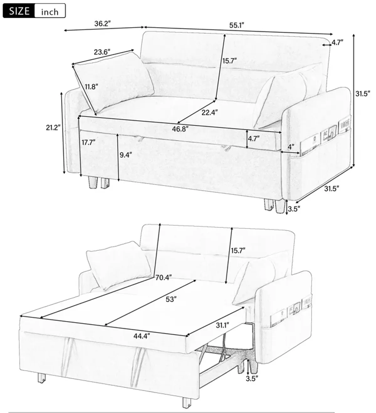 Merax Sleep Sofa Bed Loveseats Sofa Couch with Adjsutable Backrest