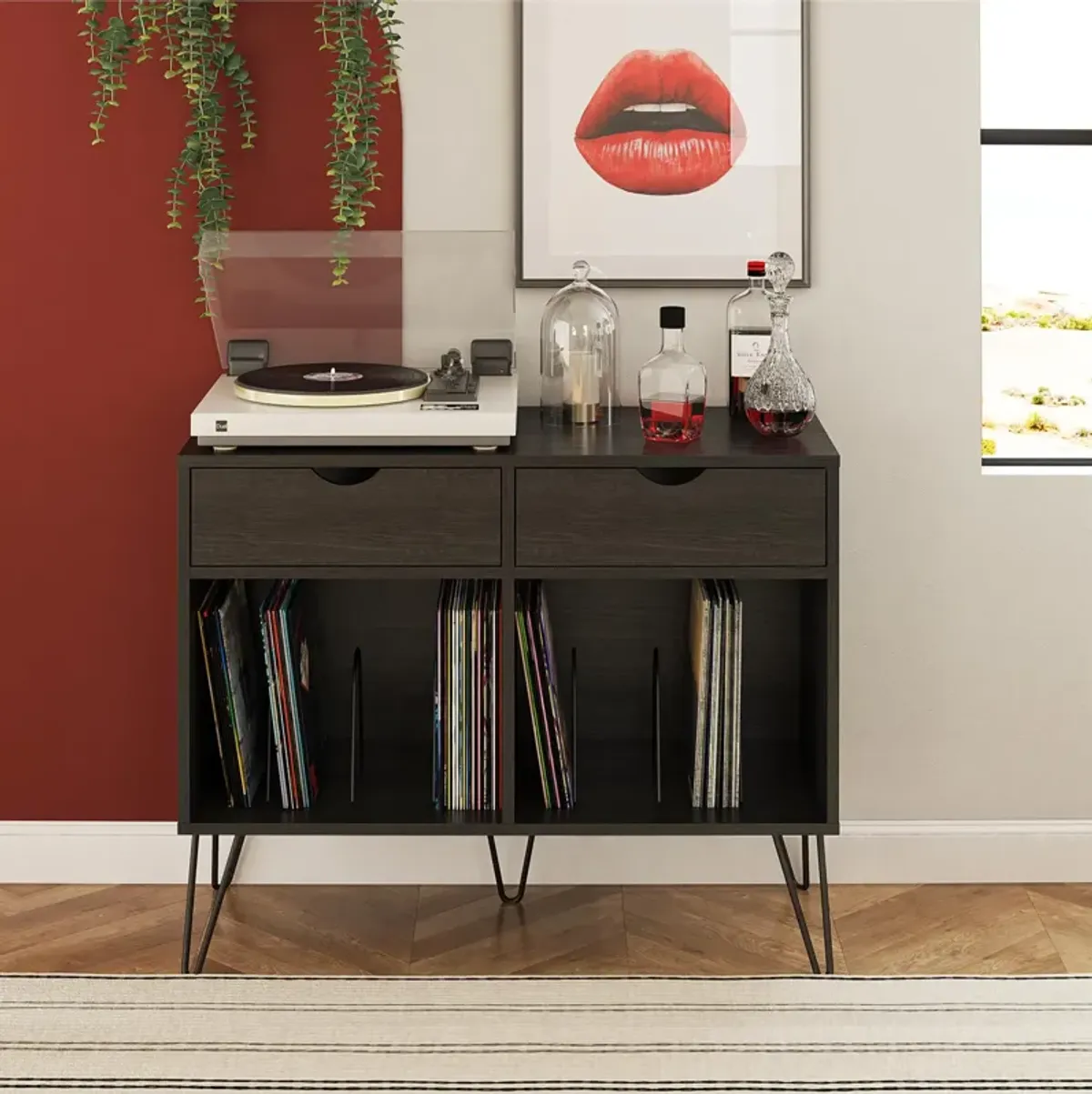 Novogratz Concord Turntable Stand with Drawers, Black Oak