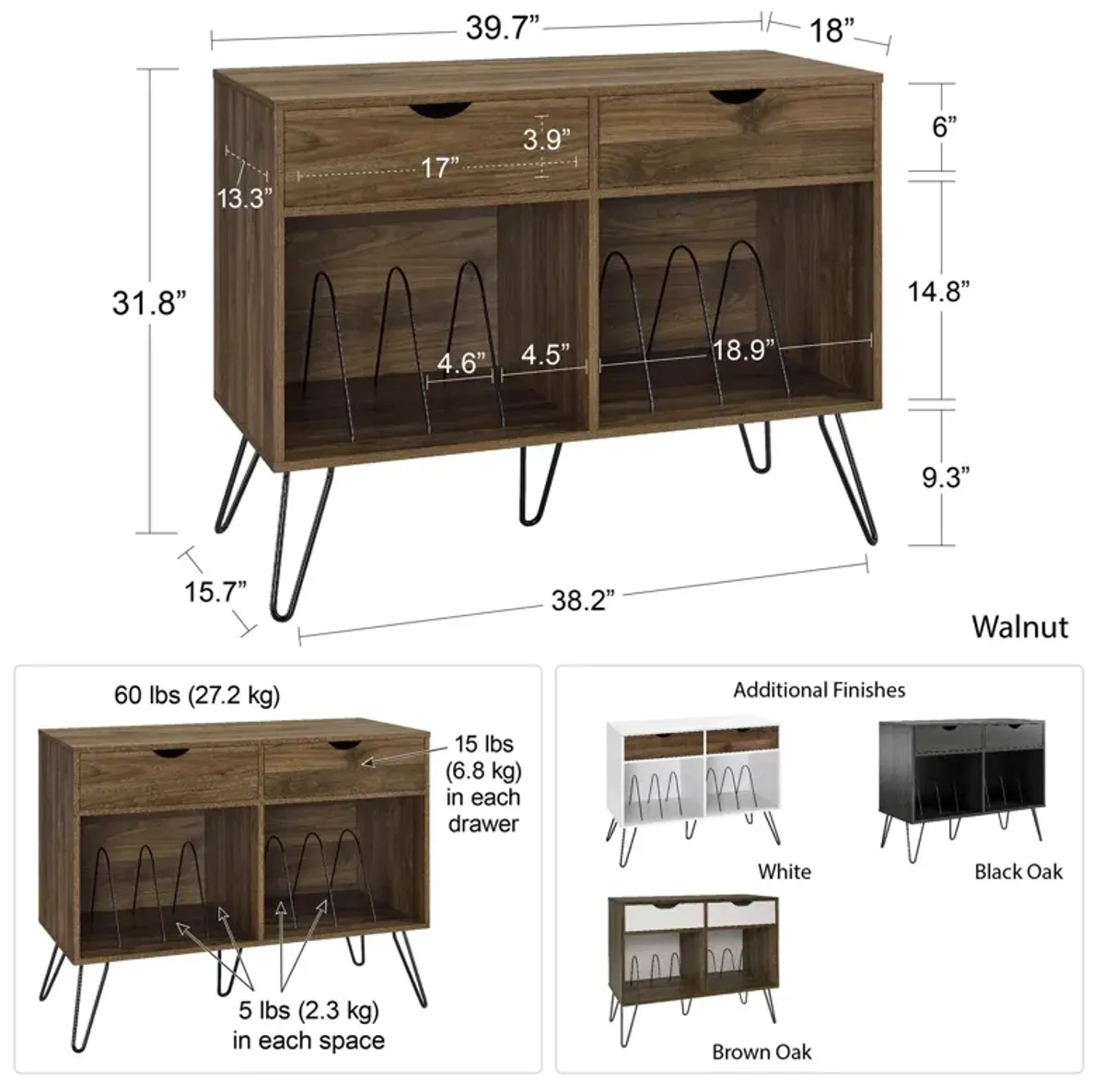 Novogratz Concord Turntable Stand with Drawers, Black Oak