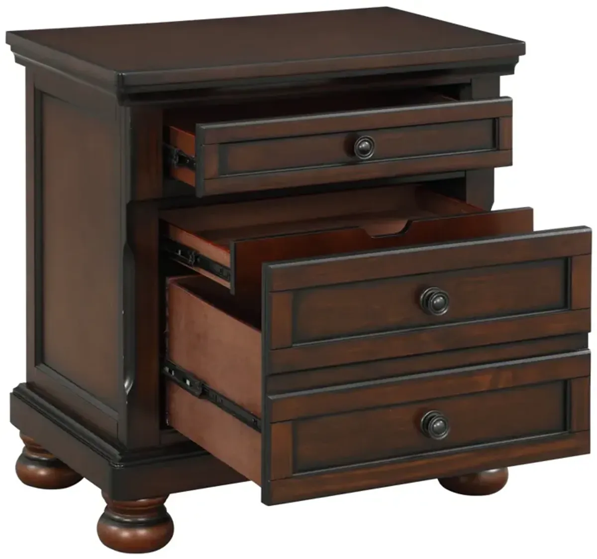 Classic Transitional Nightstand Brown Cherry Finish Birch Veneer Hidden Drawer Bun Feet