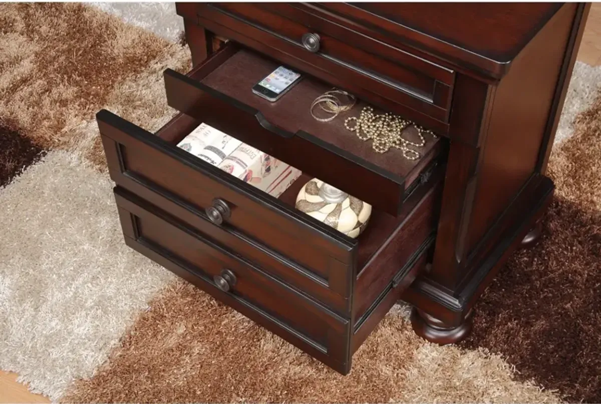 Classic Transitional Nightstand Brown Cherry Finish Birch Veneer Hidden Drawer Bun Feet