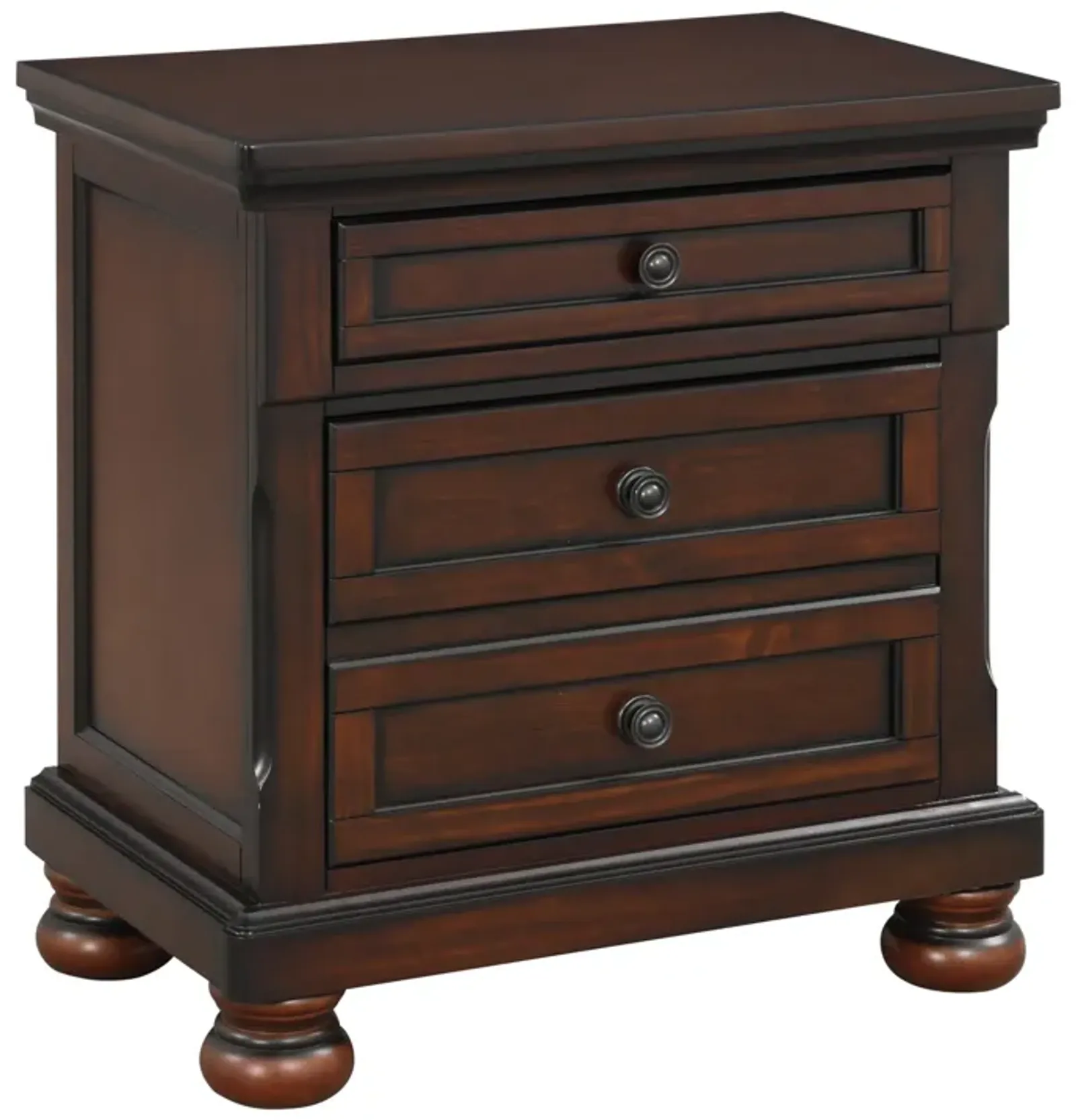 Classic Transitional Nightstand Brown Cherry Finish Birch Veneer Hidden Drawer Bun Feet