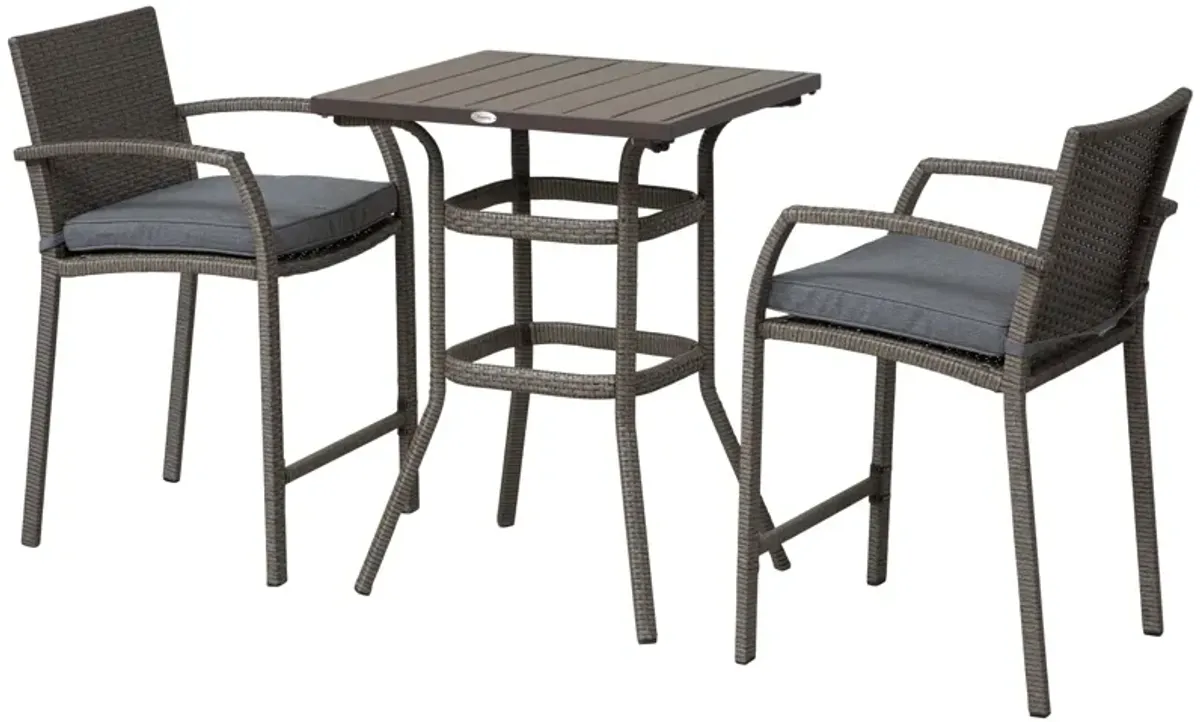 Grey Outdoor Bar: 3PC Rattan Wicker Set with Wood Grain Table Top