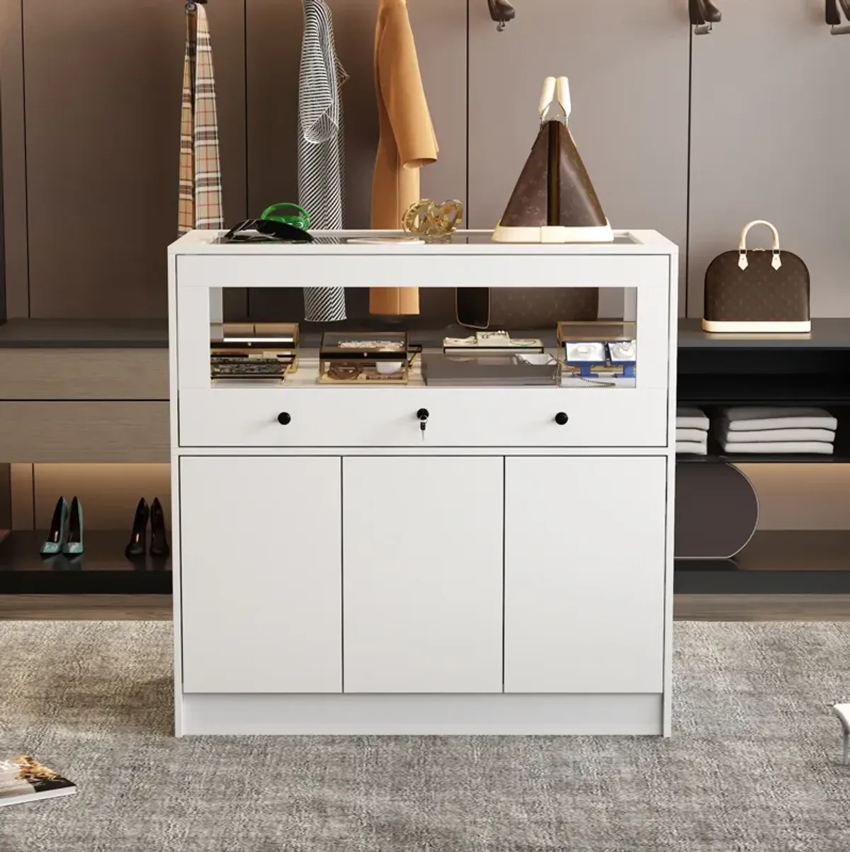 Armoire Bedroom Island Wardrobe Closet Island with Glass Drawer & 3 Doors, Island Glass Dresser Closet Island for Bedroom Cloakroom Store White (39.3”W x 19.6”W x 39.3”H)