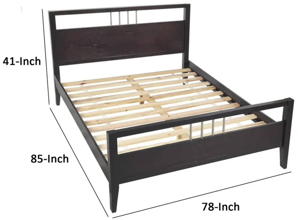 Fang Modern King Size Bed, Sleigh Headboard, Metal Bars, Espresso Brown  - Benzara