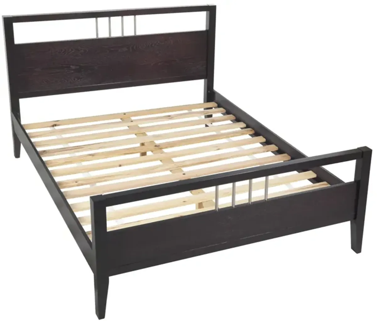 Fang Modern King Size Bed, Sleigh Headboard, Metal Bars, Espresso Brown  - Benzara