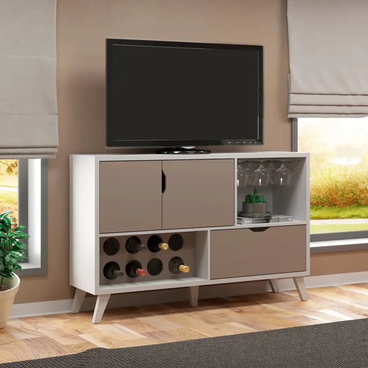 54 Inch 2 Door Wine Bar Cabinet TV Entertainment Console, Wine Rack, 1 Drawer, White, Gray-Benzara