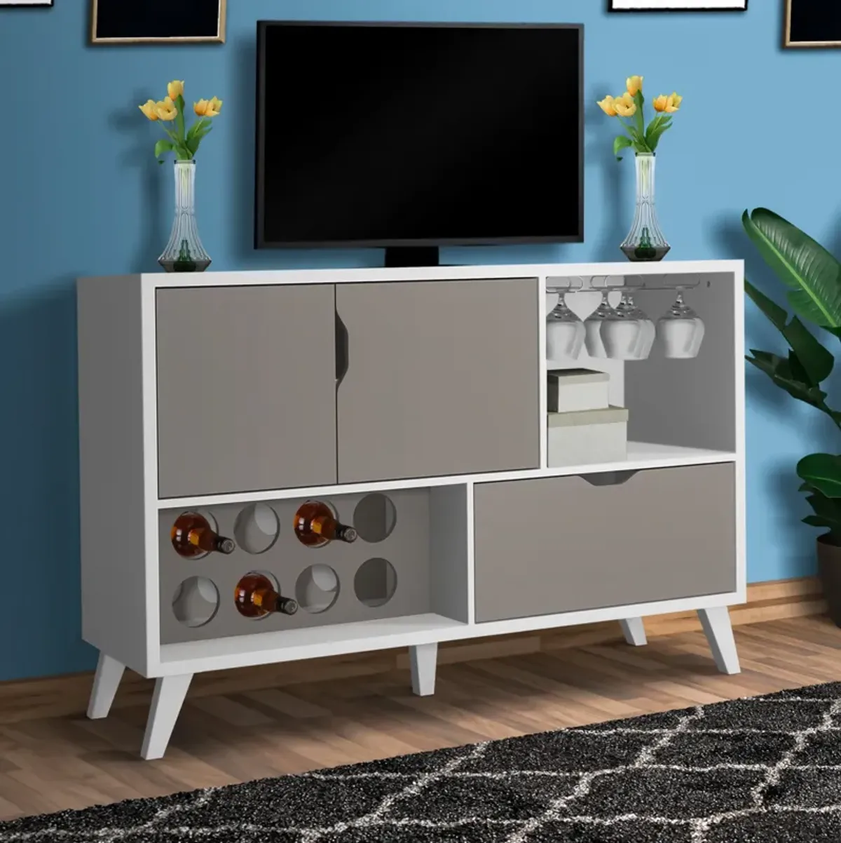 54 Inch 2 Door Wine Bar Cabinet TV Entertainment Console, Wine Rack, 1 Drawer, White, Gray-Benzara