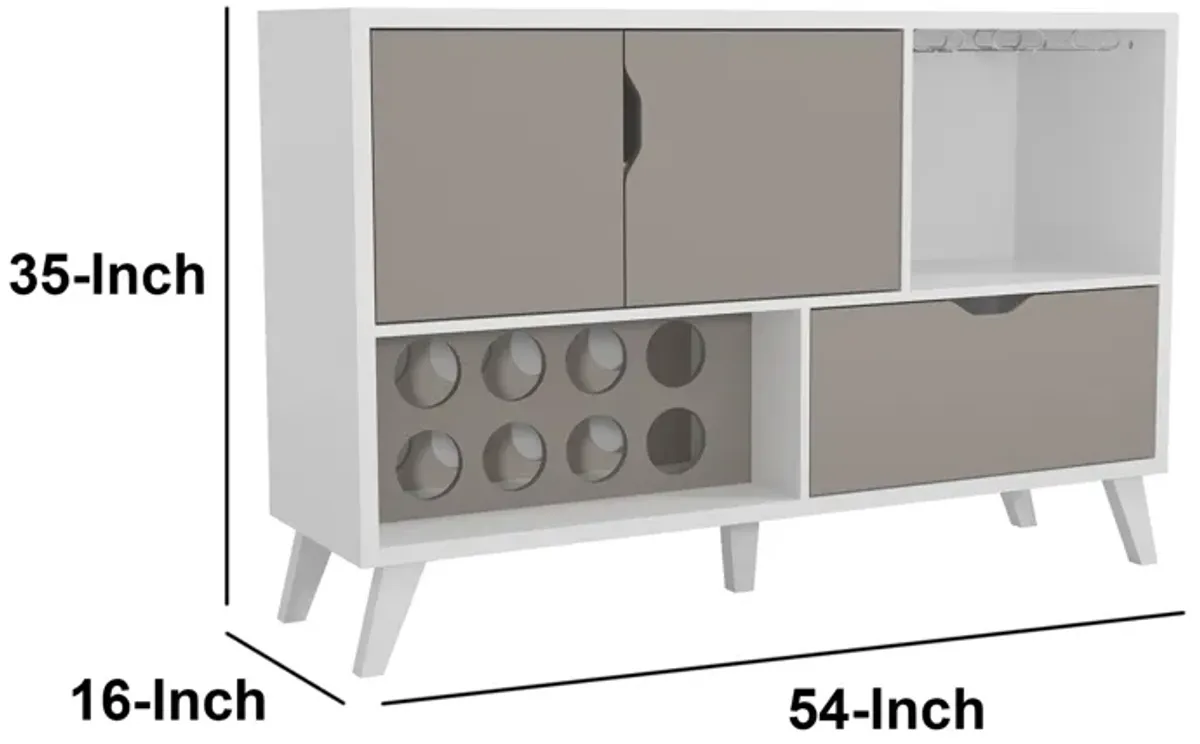 54 Inch 2 Door Wine Bar Cabinet TV Entertainment Console, Wine Rack, 1 Drawer, White, Gray-Benzara