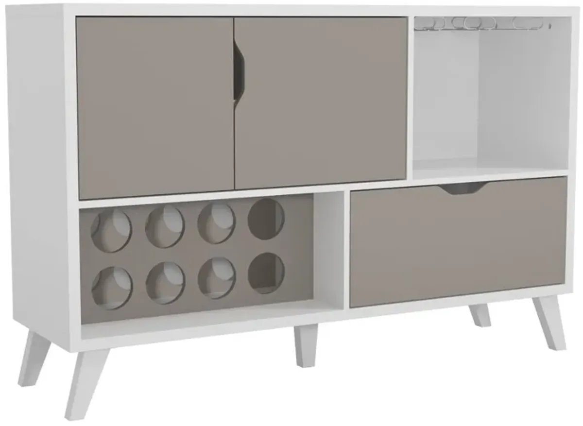 54 Inch 2 Door Wine Bar Cabinet TV Entertainment Console, Wine Rack, 1 Drawer, White, Gray-Benzara