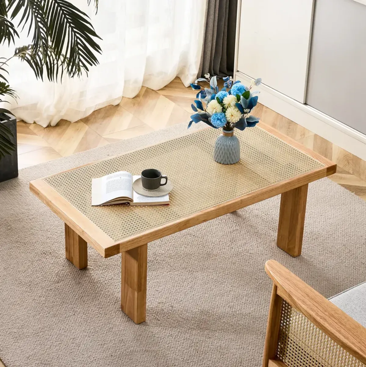 Modern and minimalist rectangular rattan tabletop with rubber wooden legs, imitation rattan woven Chinese side table, suitable for small rectangular tables in living rooms, dining rooms, and bedrooms