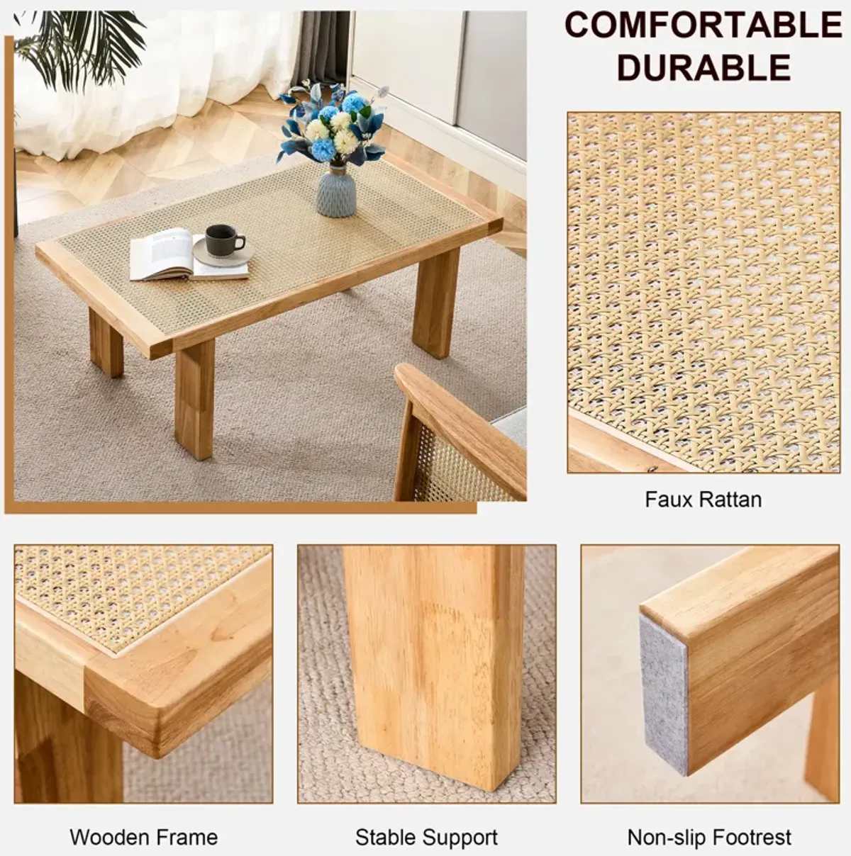 Modern and minimalist rectangular rattan tabletop with rubber wooden legs, imitation rattan woven Chinese side table, suitable for small rectangular tables in living rooms, dining rooms, and bedrooms