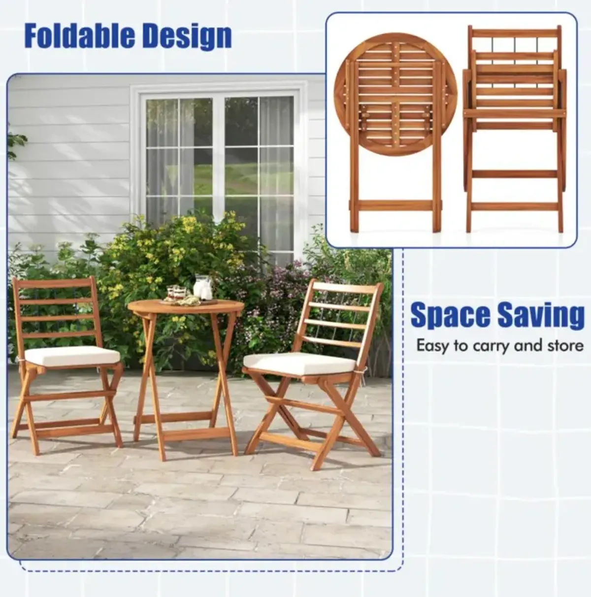 Hivvago 3 Pieces Acacia Wood Patio Bistro Set with Cushions