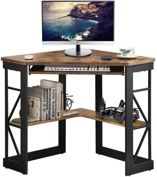 Modern Corner Workstation Desk with Keyboard Tray and Storage Shelves