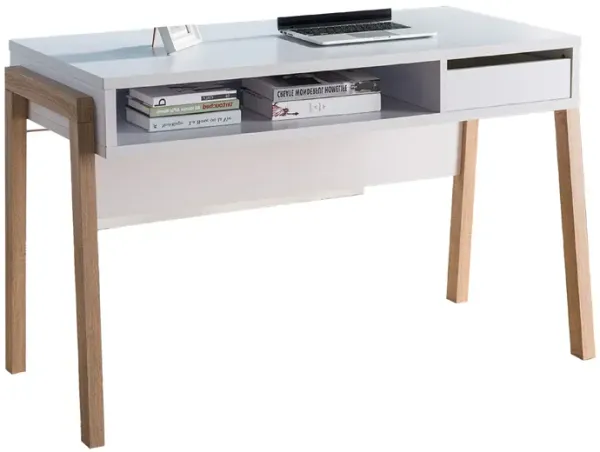 Writing Desk, 1 Drawer and Open Shelf, 47 Inch, Modern White and Brown