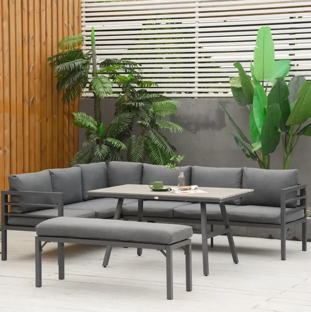 Grey Outdoor Lounge: 4PC Aluminium Patio Set with Bench